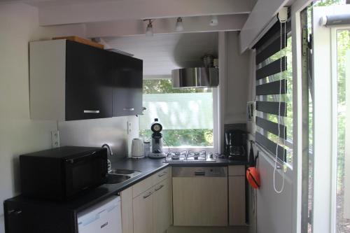 une petite cuisine avec une cuisinière et un micro-ondes dans l'établissement Bosvilla Ardennen, à Durbuy