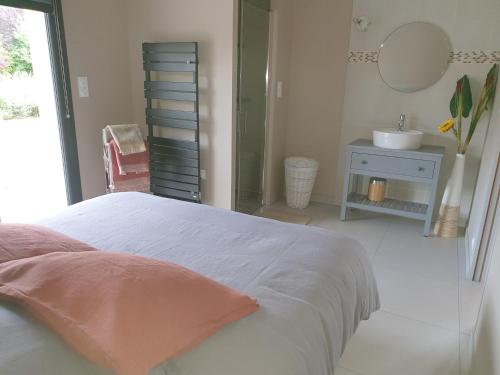 L' Albizia في Pintheville: غرفة نوم مع سرير مع حوض ومرآة