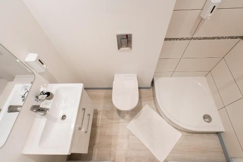 a white bathroom with a toilet and a sink at Apartments Daina in Jūrmala