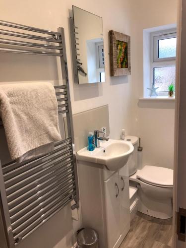 a bathroom with a sink and a toilet and a mirror at The Retreat in Sheringham
