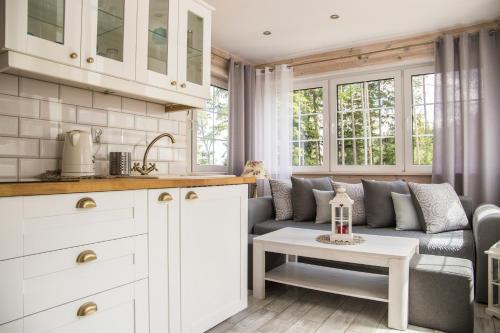 a kitchen and living room with a couch and a table at Apartamenty EDEN in Karpacz