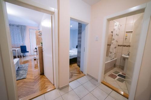 un couloir avec une salle de bains et une chambre dans l'établissement Apartment LIPA, à Novi Sad