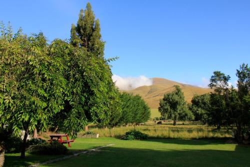 a picnic table in a field with trees and mountains at Burkes Pass Country Motels in Burkes Pass