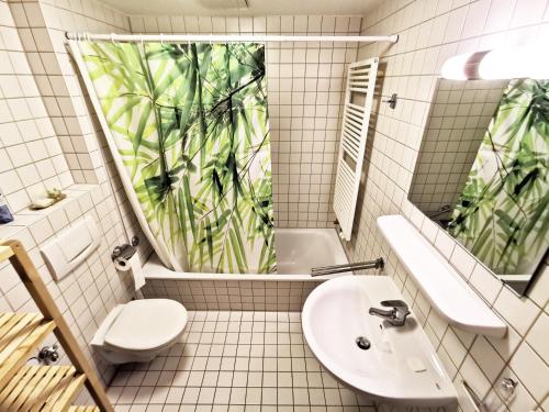 a bathroom with a sink and a toilet and a mirror at Lillys Apartment Kempten in Kempten