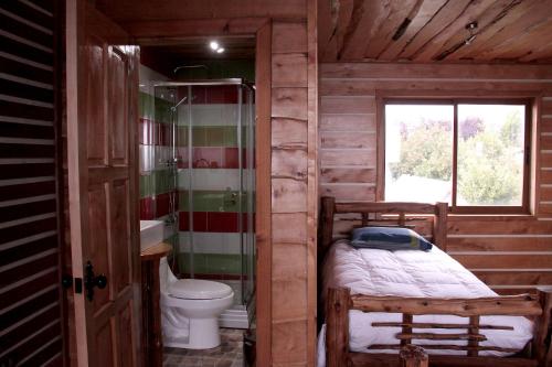 a bathroom with a bed and a toilet and a window at Hotel Mitos in Quellón