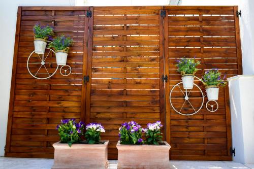 a wooden wall with three flower pots and three plants at Pella Hotel - new in Neos Marmaras