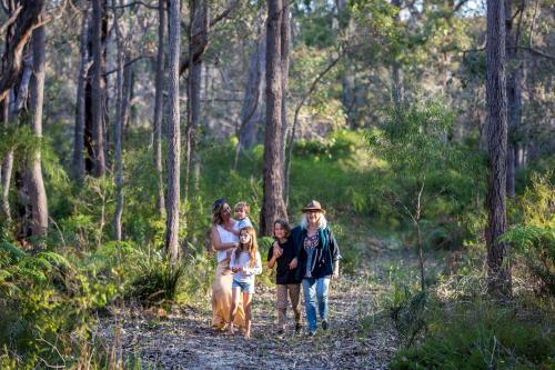 a family walking on a trail in the woods at Redgate Forest Retreat in Witchcliffe