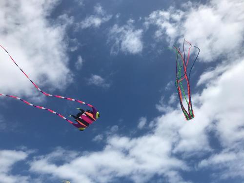 two kites are flying in the sky at ti Kaz Papang in La Plaine des Cafres