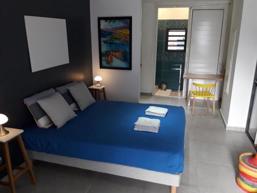 a bedroom with a blue bed in a room at Maison TONGA piscine - jacuzzi confort in Saint-Pierre