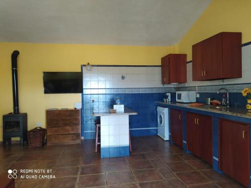 Kuchnia z niebiesko-żółtymi ścianami i kuchenką w obiekcie Casa Rural El Pajar w mieście El Pinar del Hierro
