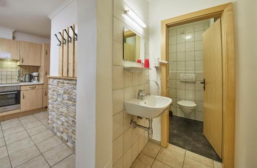 a bathroom with a sink and a toilet at Ski & Bike Appartements Forsthaus in Saalbach Hinterglemm