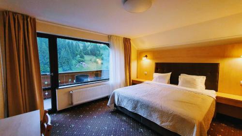 a hotel room with a bed and a large window at Carpatica Lodge in Moieciu de Sus