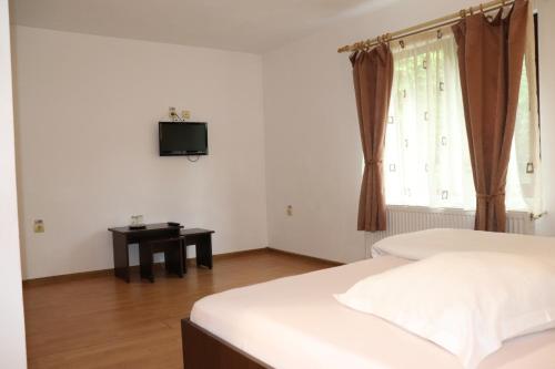 a bedroom with a bed and a tv on the wall at Pensiunea Q in Fieni