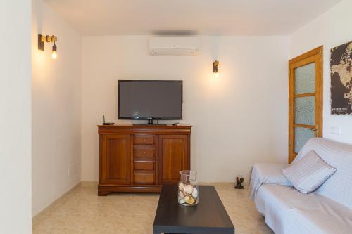 a living room with a couch and a flat screen tv at Can Cega in Bunyola