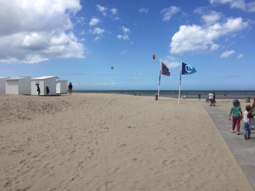 a beach with two flags and people on the beach at vakantiehuisje 007 in Koksijde
