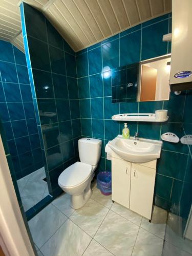 ヴィスワにあるAbba -pokoje wakacyjneの青いタイル張りのバスルーム(トイレ、シンク付)