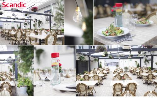 a collage of photos of a restaurant with tables and chairs at Go to sleep Arvika in Arvika
