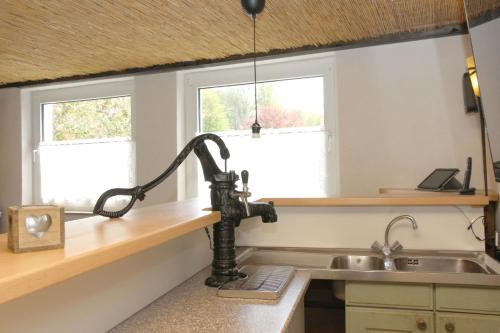 uma cozinha com uma batedeira num balcão ao lado de um lavatório em Ferienwohnung Olsberg em Assinghausen