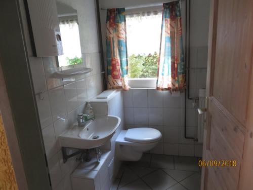 a small bathroom with a toilet and a sink at Gruppenbungalow-Waldhaus-Am Ferienpark in Mirow