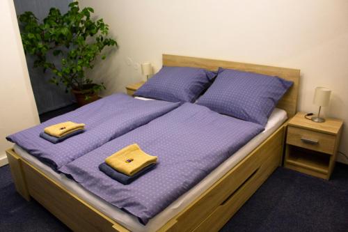 Un dormitorio con una cama con sábanas y almohadas púrpuras. en Blue apartment in beautiful English style garden with atmosphere en Praga