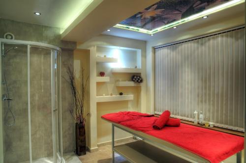 a bathroom with a shower and a red bench at Hotel Iva & Elena in Pamporovo