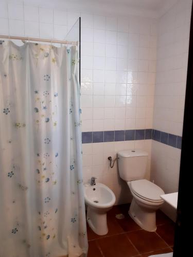 a bathroom with a toilet and a shower curtain at Horta do Muro in Campo Maior