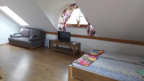 a living room with a couch and a tv at Baba Jagna in Chocimów