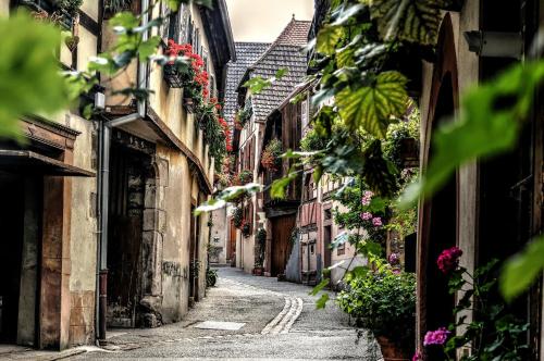 an alley in an old town with flowers at PAUL & PIA - Welcome Home Hotel in Colmar