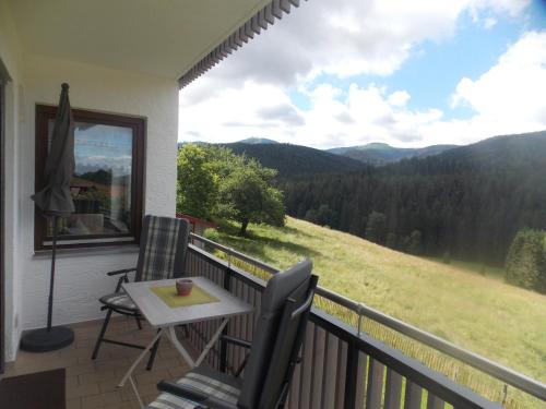 a balcony with a table and chairs and a view at Ferienwohnung Dimpfl-Stad´l Fam. Lemberger in Lohberg