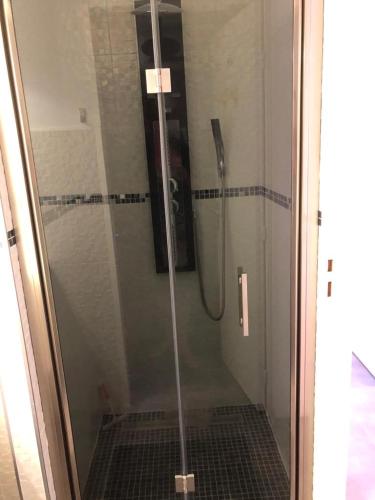 une douche avec une porte vitrée dans une salle de bain dans l'établissement Port nature 2 Villas studio, au Cap d'Agde