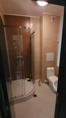 La salle de bains est pourvue d'une douche et de toilettes. dans l'établissement Студия първа линия Черноморец, à Tchernomorets