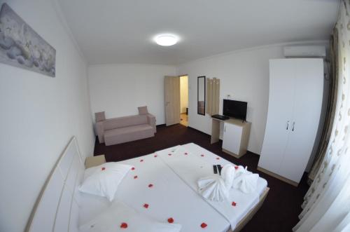 科斯蒂內甚蒂的住宿－APARTAMENT RAZVAN HOLIDAY COSTINESTI，卧室配有白色的床和沙发
