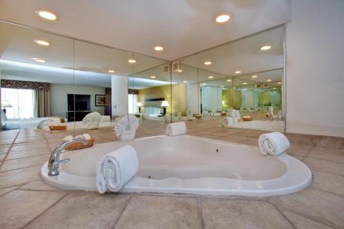 baño grande con bañera y espejo grande en Radisson Hotel Schaumburg, en Schaumburg