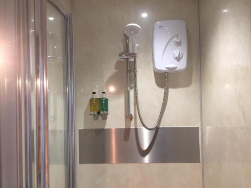a shower in a bathroom with a shower head at Lawrenny Lodge in Barmouth