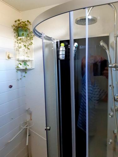 une douche avec une porte vitrée dans une salle de bain dans l'établissement Séjour zen entre océan et forêt, à Seignosse