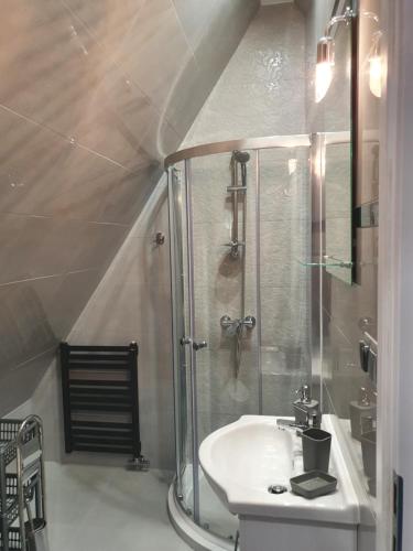 La salle de bains est pourvue d'une douche et d'un lavabo. dans l'établissement Cyrlanka, à Zakopane