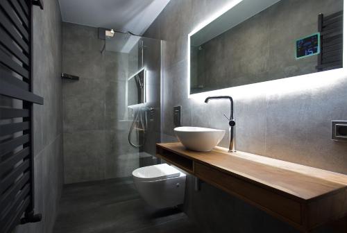 a bathroom with a sink and a toilet at Apartament Antracytowy Darłówko in Darlowko