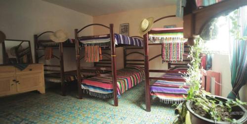 Hostel El Nagual في سان كريستوبال دي لاس كازاس: غرفة بها ثلاثة أسرّة بطابقين عليها مناشف