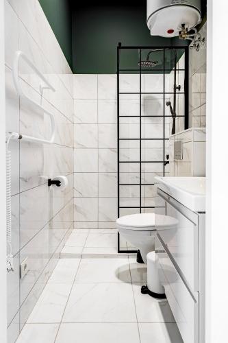 a white bathroom with a toilet and a sink at River house apartments in Kaunas