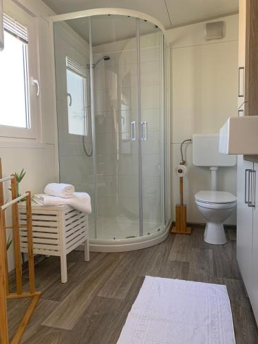 a bathroom with a shower and a toilet at Mobile Home M&M in Drage