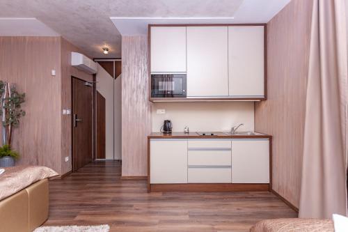 a kitchen with white cabinets and a sink at Villa Dunaj in Dunajská Streda