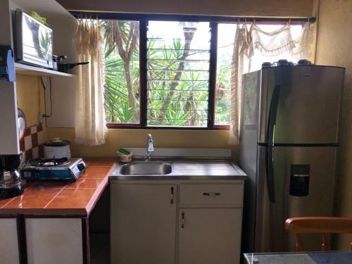 een keuken met een koelkast, een wastafel en een raam bij Owl House in Piedades