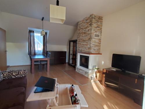 a living room with a couch and a fireplace at Apartments Highland in Stará Lesná