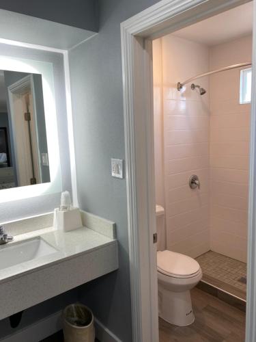 a bathroom with a toilet and a sink and a mirror at Regency Motel in Brea
