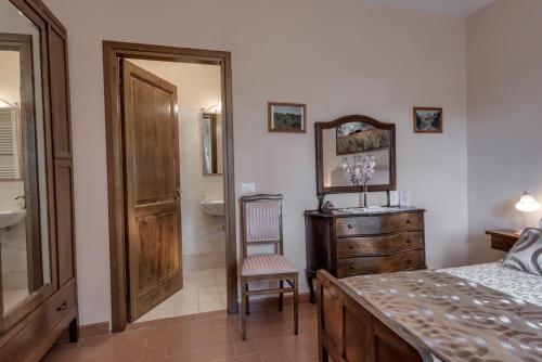 a bedroom with a bed and a dresser and a mirror at Castellinuzza in Greve in Chianti