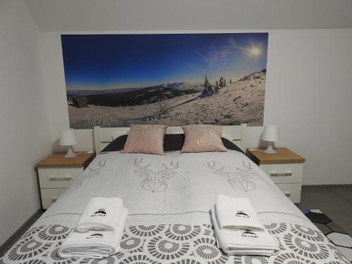 a bedroom with a bed with a picture on the wall at WILLA DobraNocka in Szklarska Poręba