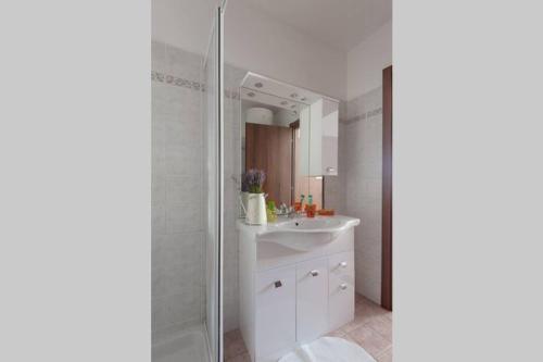 a bathroom with a white sink and a shower at Appartamentino tipico nel centro in Corniglia
