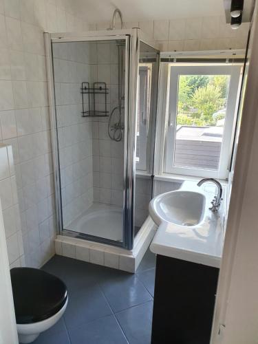 een badkamer met een douche, een toilet en een wastafel bij Single family home in Hillegersberg - Schiebroek in Rotterdam