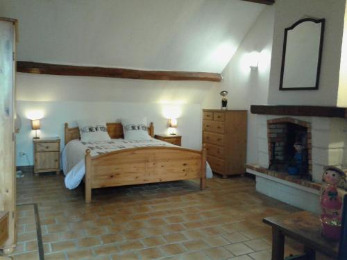 a bedroom with a large bed and a fireplace at Au Grand Sapin Chambres chez l'habitant in Hénonville