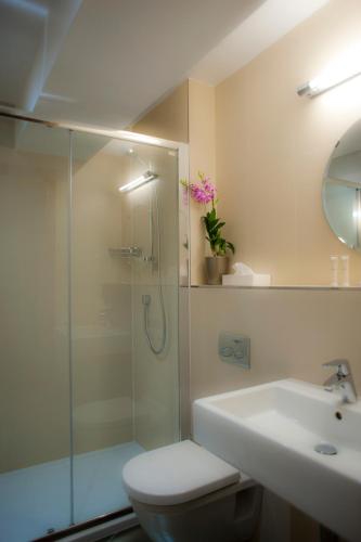 a bathroom with a shower and a toilet and a sink at Chamois d'Or Hotel in Les Gets